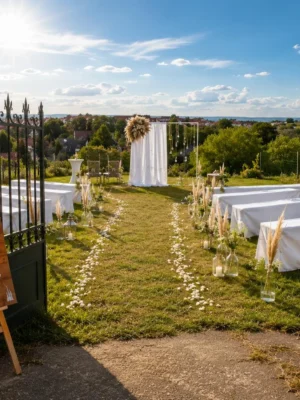 Geöffnetes schmiedeeisernes Tor zwischen Backsteinpfeilern mit Hochzeitsschild, Blumen und Blick auf eine Trauwiese in den Weinbergen.
