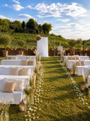 Weiße Lounge-Sofas mit beigen Kissen, Blumen, Laternen und festlichem Trauhintergrund auf einer Wiese vor Weinbergen.