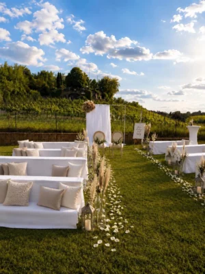 Romantische Trauwiese mit zwei eleganten Traustühlen, weißen Lounge-Sofas, beigen Kissen, Blumen und Laternen vor Weinbergen.